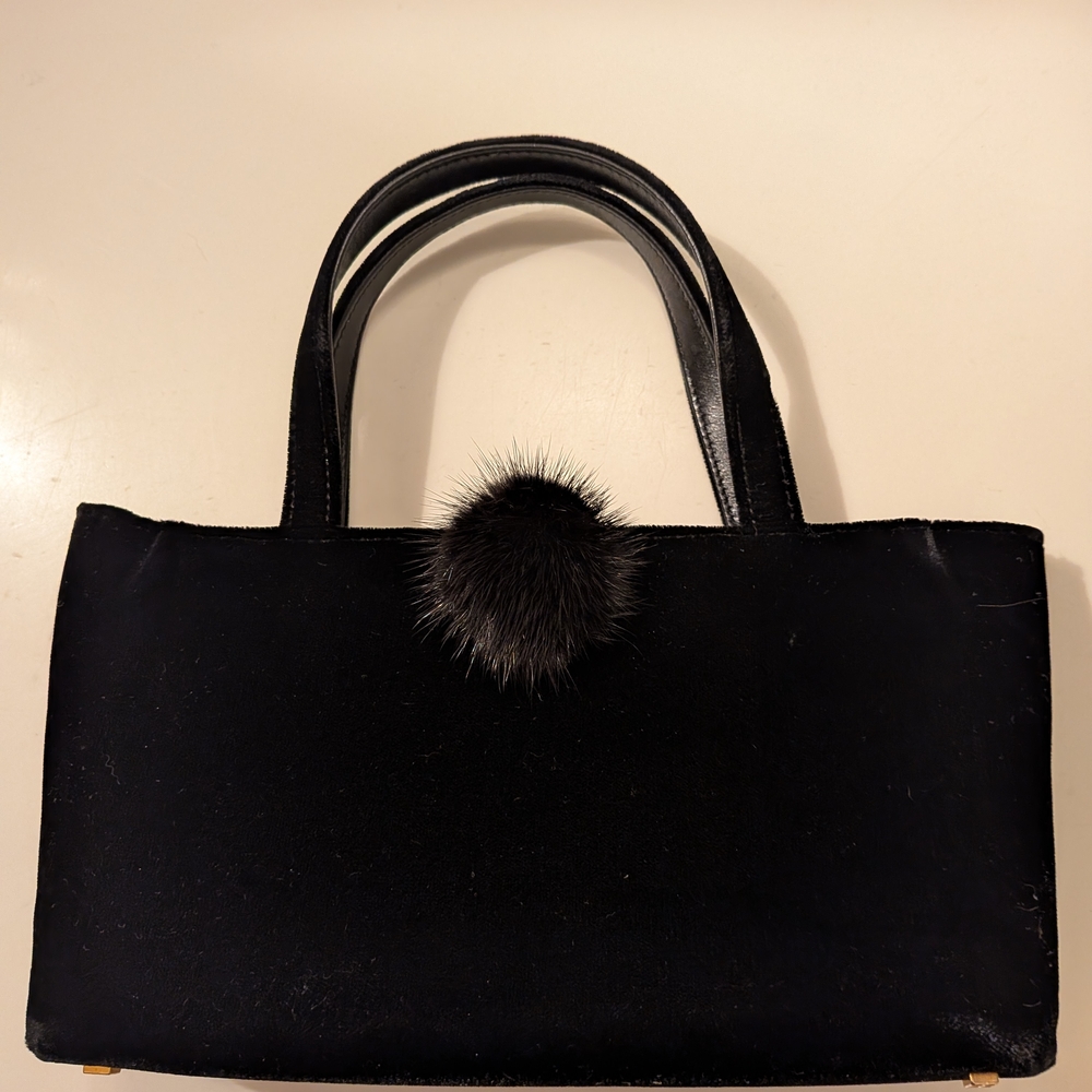 RARE Kate Spade Black Velvet Small Tote with Mink Pom Accent